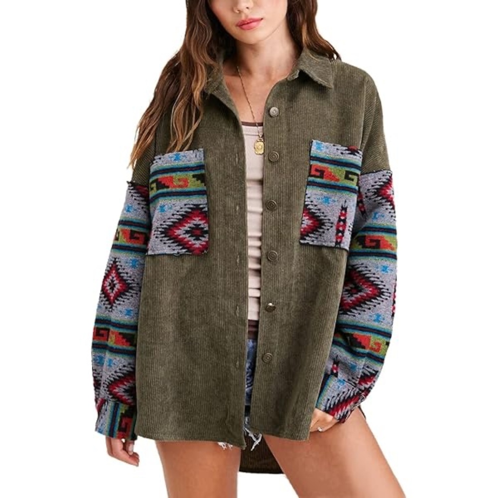 ❌SOLD DO NOT BUY❌ Trendy Corduroy Shacket with Tribal Patterned Sleeves